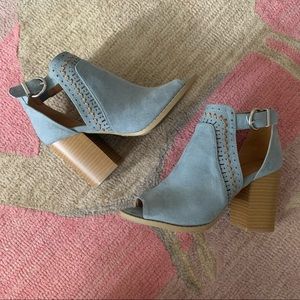 Blue Suede Open Toe Block Heel Bootie